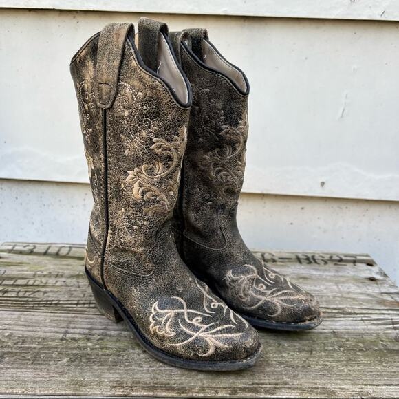 Old West Kids Vintage Charcoal with Fancy Embroidery Snip Toe Western Boots - Picture 1 of 7